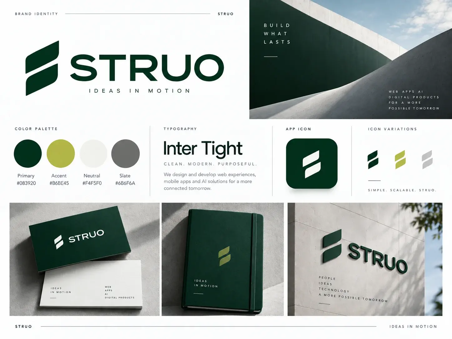 STRUO brand identity: logo, colours, typeface, app icon, business cards and facade sign