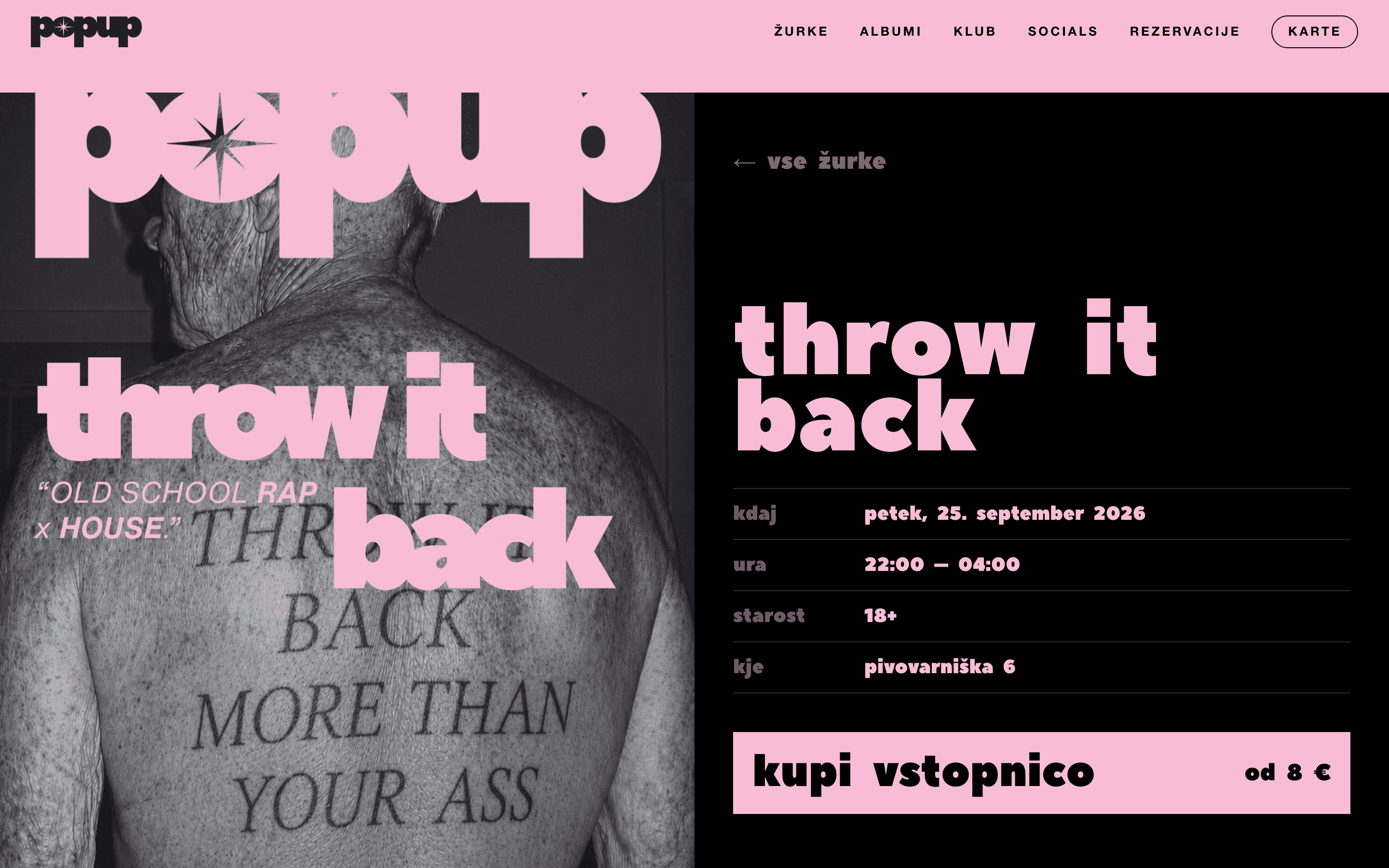 Podstran dogodka throw it back z uro, starostjo in nakupom vstopnice