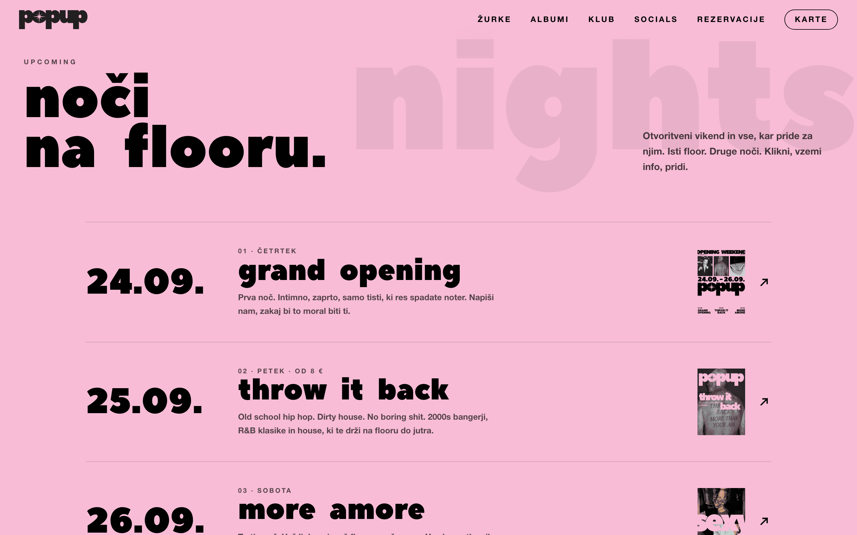 Seznam žurk popupa: grand opening, throw it back in more amore